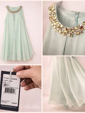 Adrianna Papell Mint Chiffon Dress with Jeweled Collar